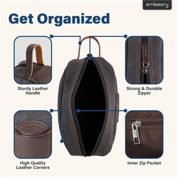 Mens Canvas Toiletry Bag Travel Dopp Kit Shaving Kit Water Resistant Bathroom Ba - Picture 3 of 7
